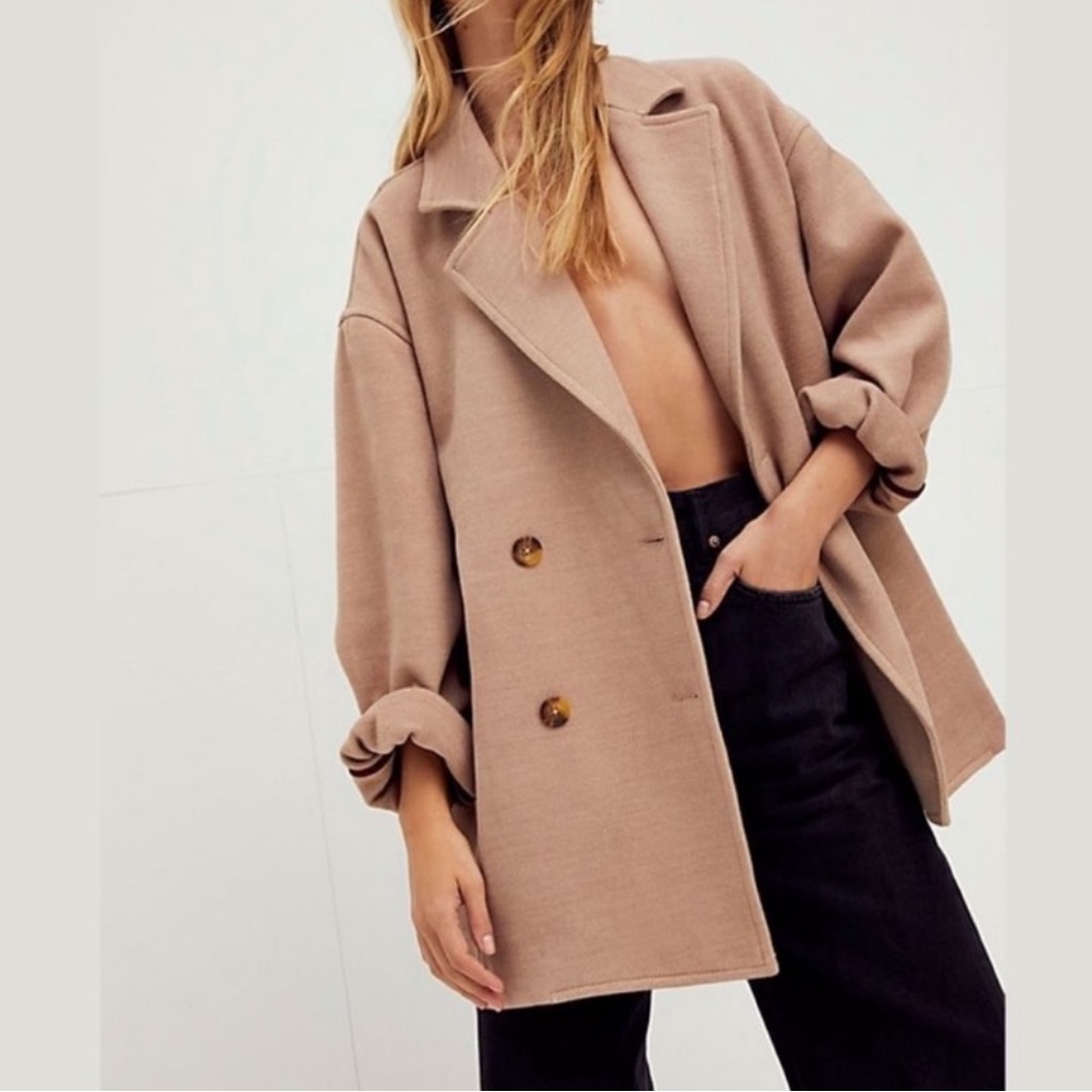 Nwt Free People Hannah Slouchy Camel Trench Pea Coat Blazer Size M-Xl